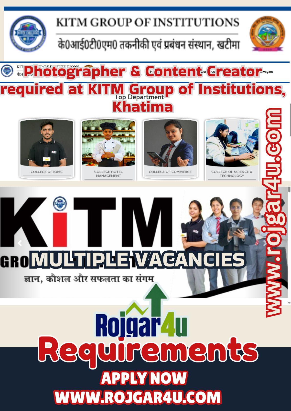 Skill Based Job - No Degree Needed - Photographer &amp; Content Creator required at KITM Group of Institutions, Khatima