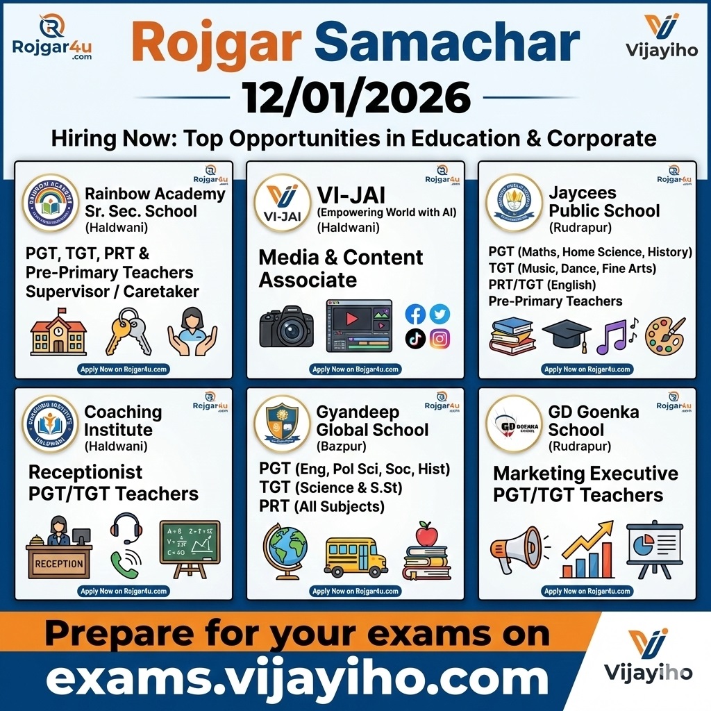 हल्द्वानी, रुद्रपुर और बाजपुर में भर्तियां: शिक्षक, मार्केटिंग और एडमिन पदों के लिए सुनहरा अवसर